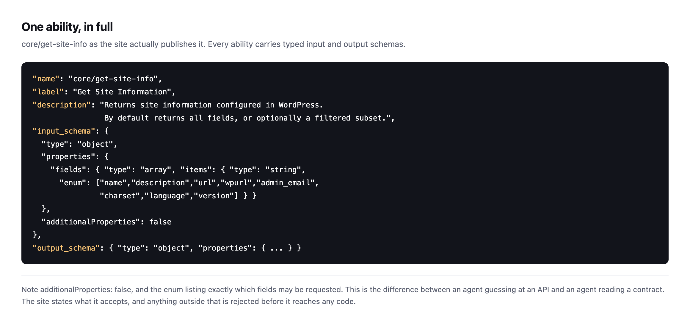 The core/get-site-info ability in full, showing its name, label, description, an input schema with an enum of permitted fields and additionalProperties set to false, and an output schema