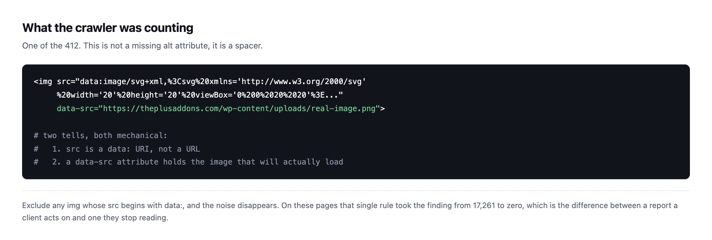 Code sample of a lazy-load placeholder image tag whose src is an inline SVG data URI twenty pixels square, with a data-src attribute holding the real image URL, annotated with the two mechanical tells