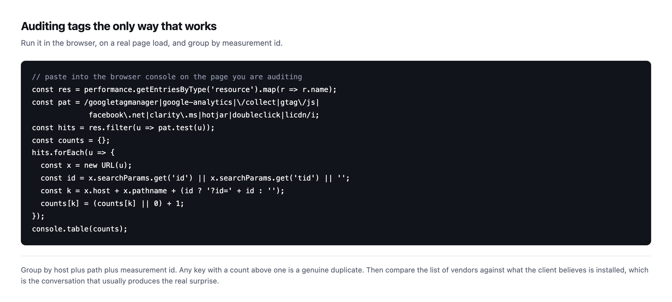 JavaScript snippet to paste into the browser console that reads the performance resource timeline, filters analytics hosts, groups by host, path and measurement id, and prints a table of counts