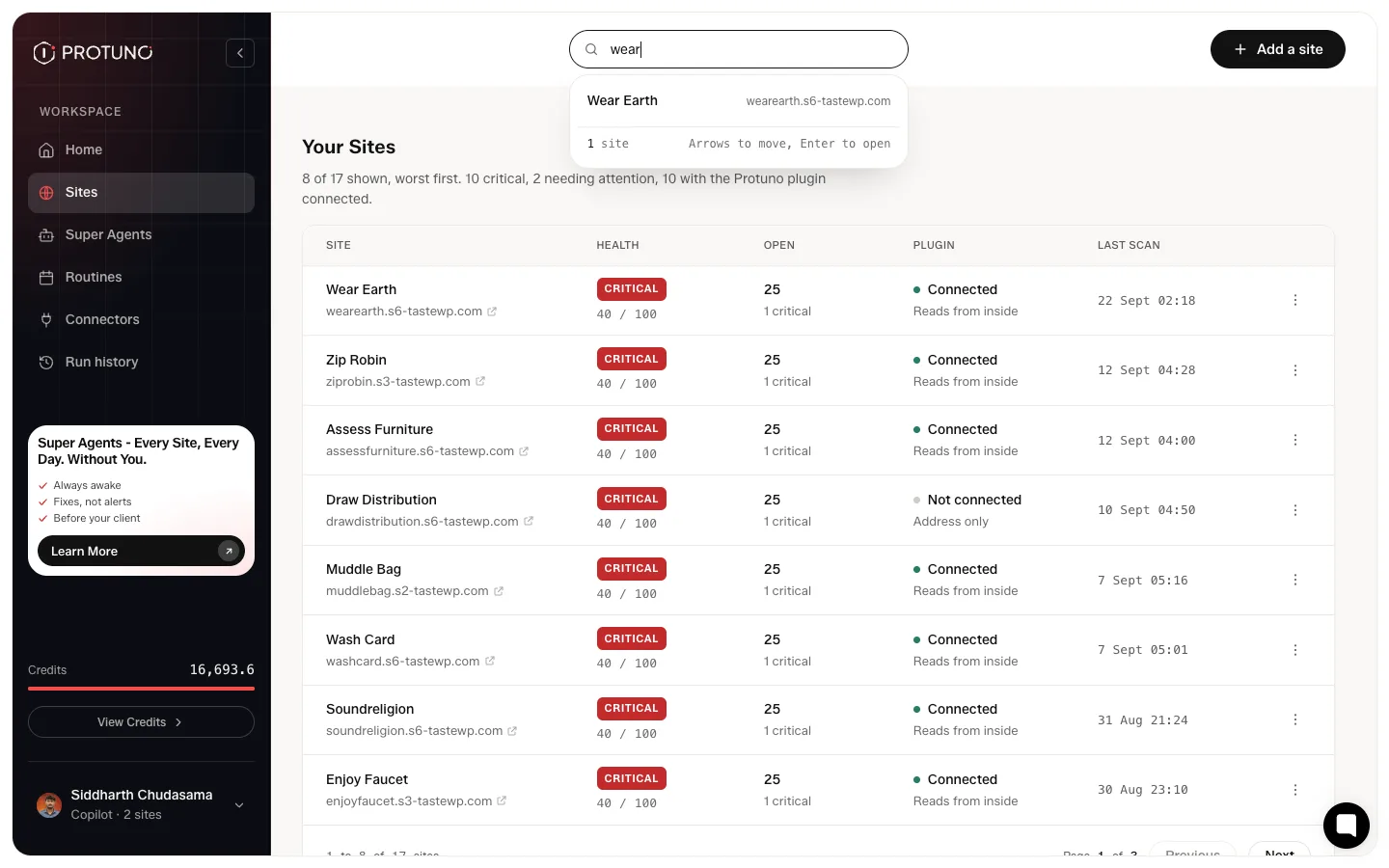 The Protuno sites list showing health score, open findings, plugin state and last scan date