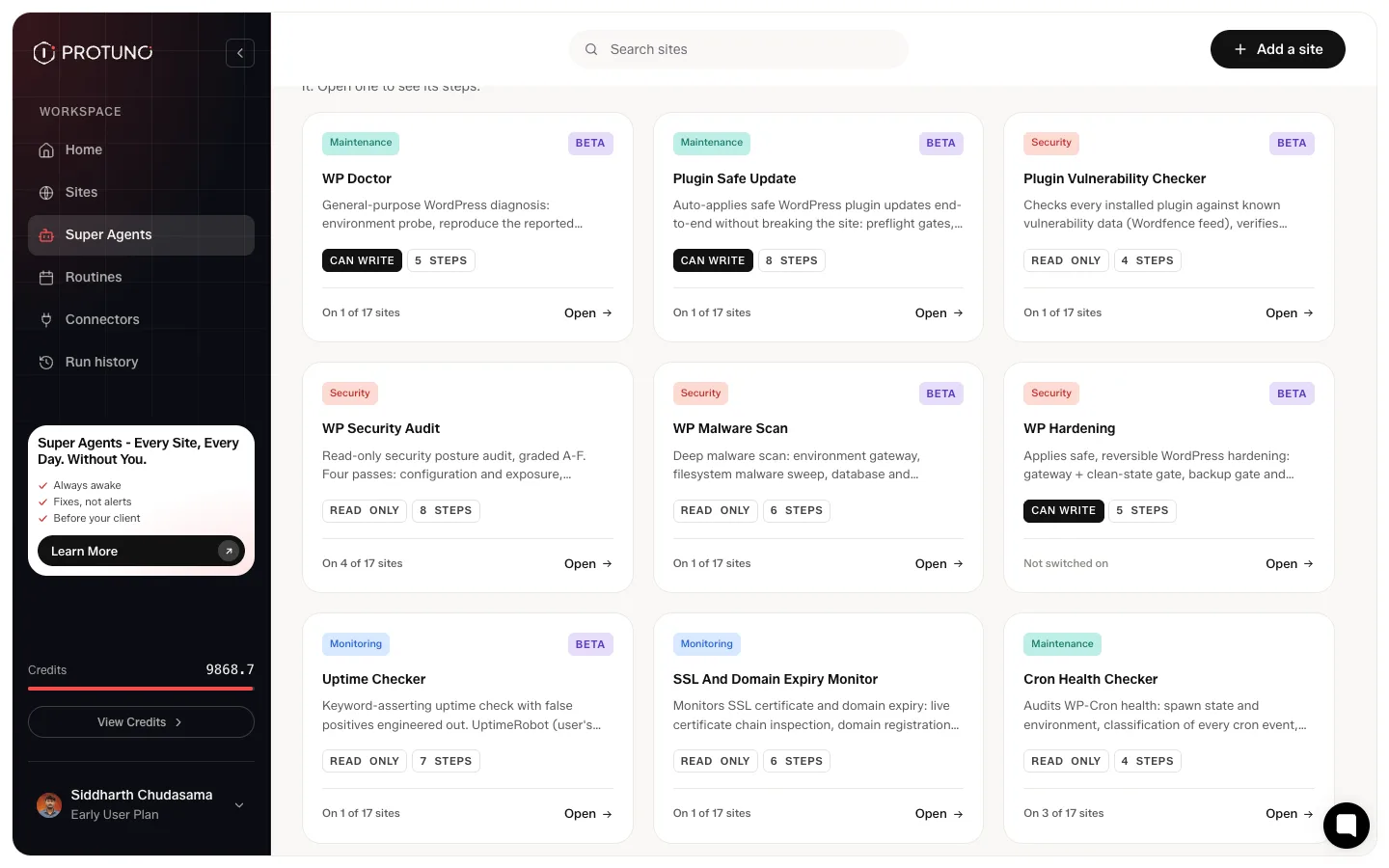 The Every Playbook grid on the Super Agents screen, showing playbook cards with their category, step count and whether they can write