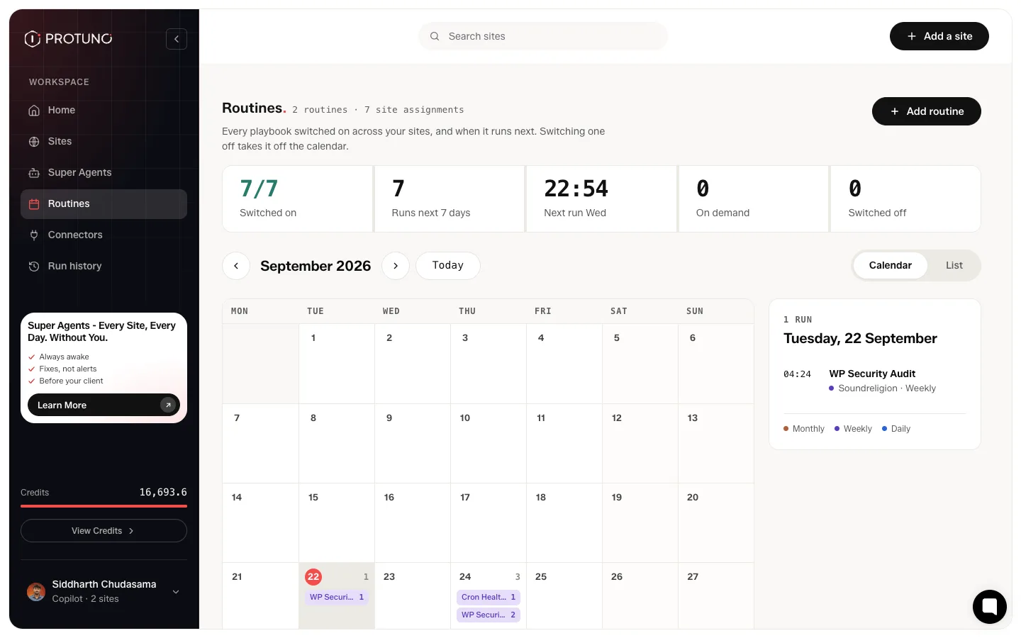 The Routines screen showing a month calendar with scheduled playbook runs and a summary of how many run in the next seven days