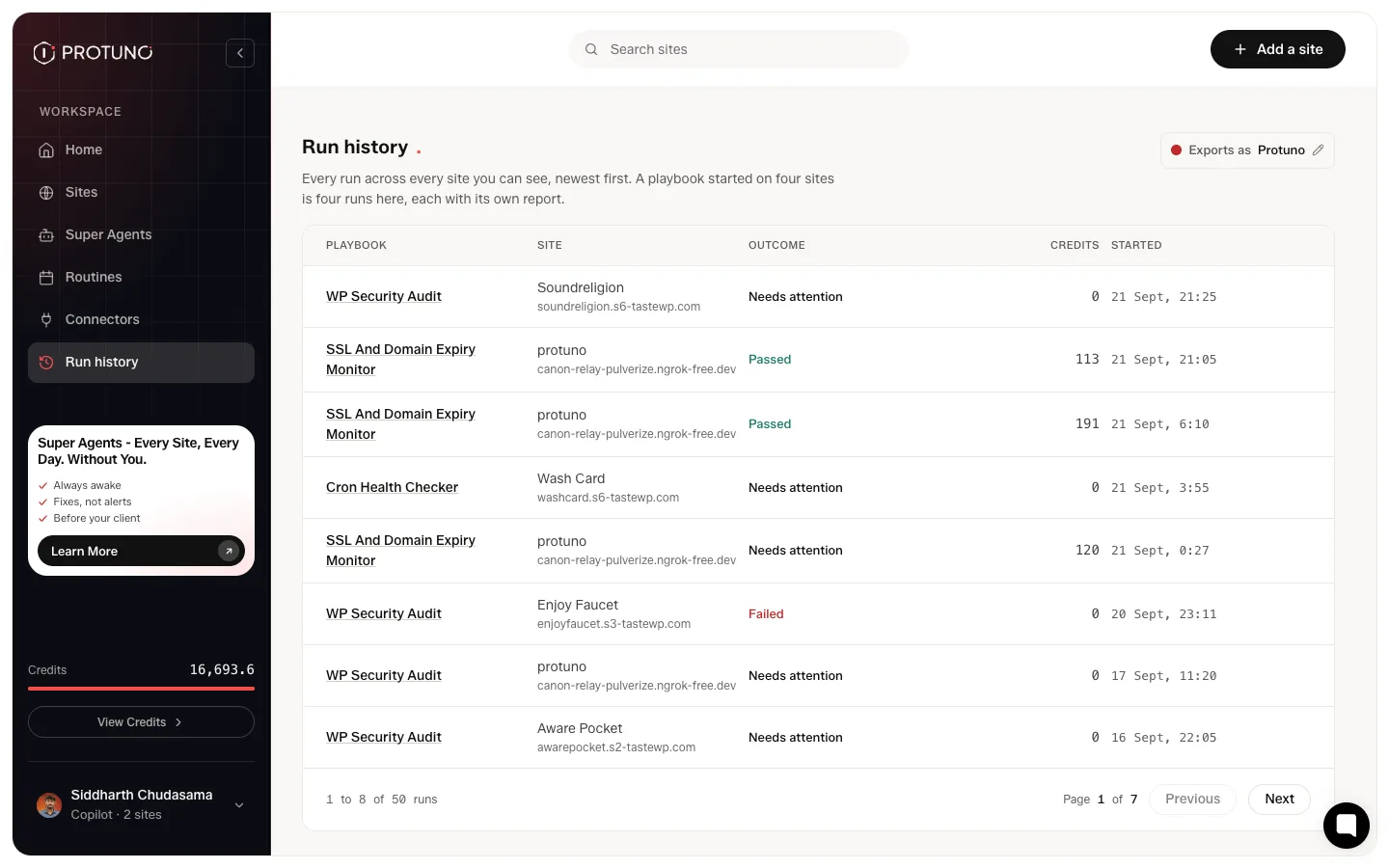 The Protuno run history table showing playbook runs across sites with passed, needs attention and failed outcomes