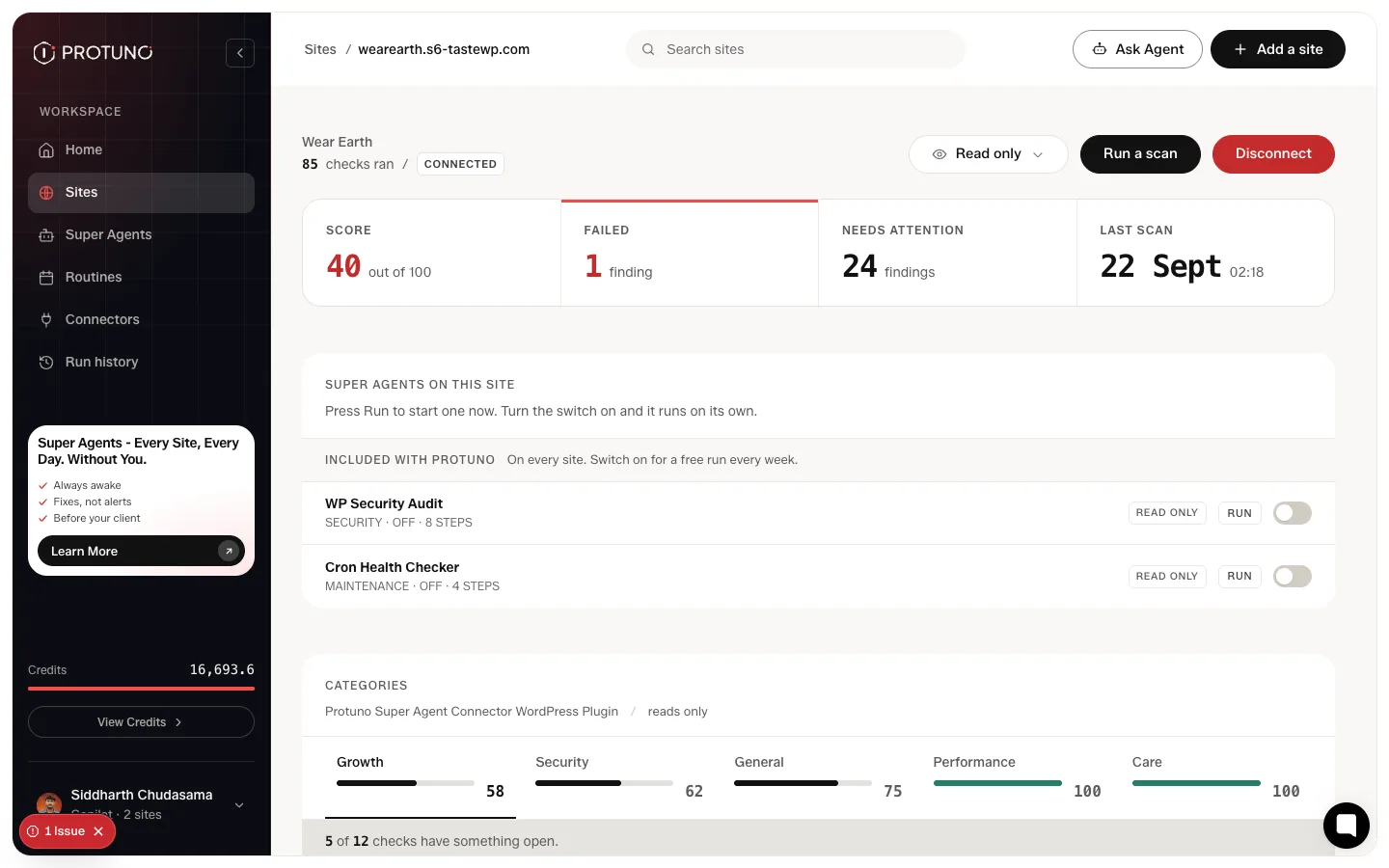 The full Protuno site report showing categories and a list of open findings with fix buttons