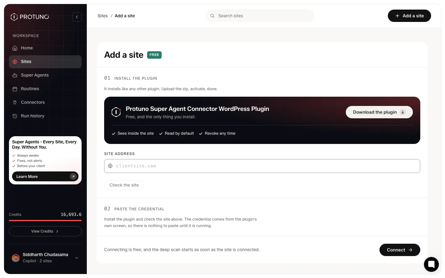 The Add a site screen in Protuno with the plugin download, a site address field and credential fields