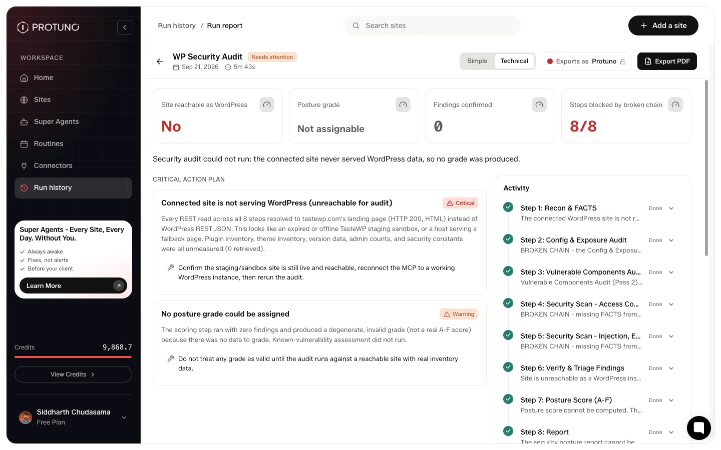 A Protuno run report showing a critical action plan, the steps that ran, and a technical detail section