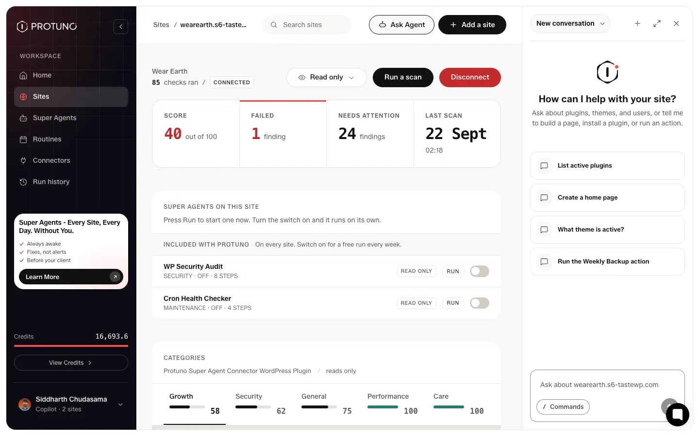 The Ask Super Agents chat panel open beside a Protuno site report