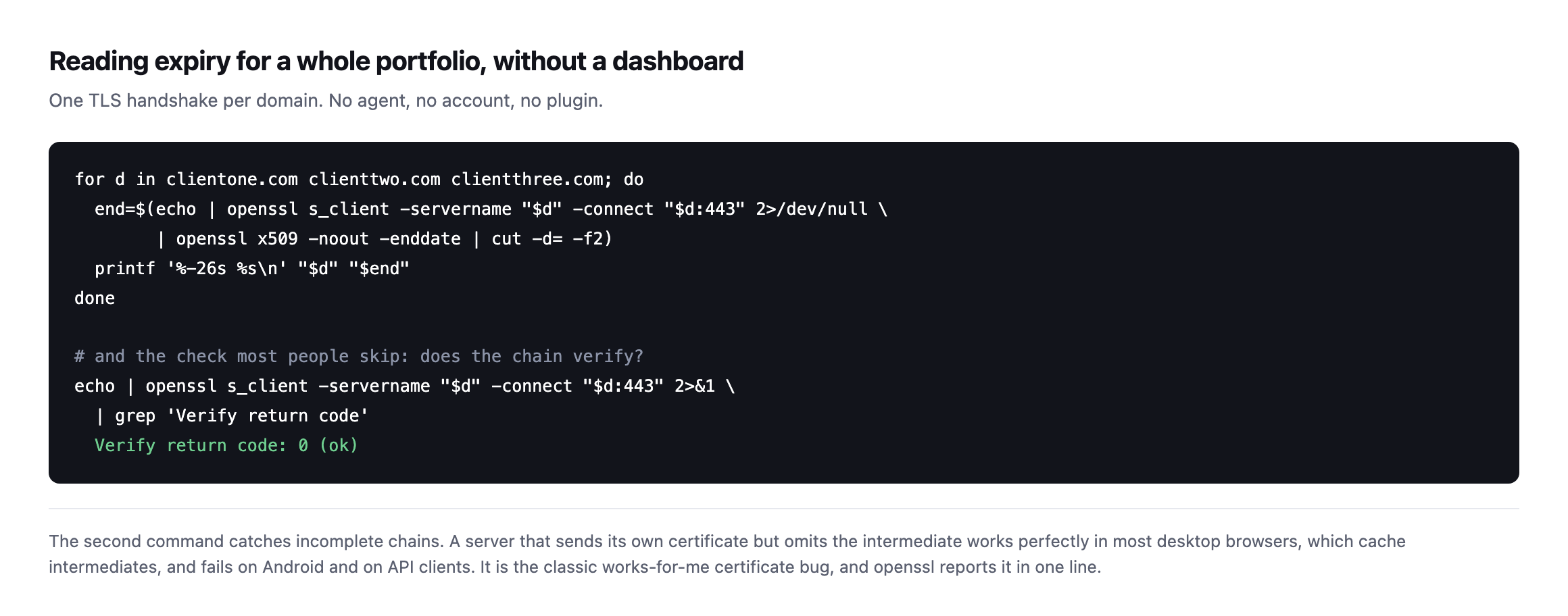Terminal loop reading the certificate end date for each domain via openssl s_client, followed by a chain verification command returning Verify return code 0