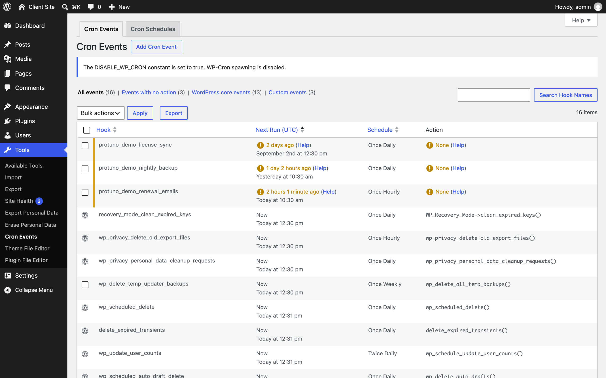WP Crontrol Cron Events screen on a staged WordPress install, showing a notice that the DISABLE_WP_CRON constant is set to true, and three custom hooks flagged as overdue by two days, one day, and two hours