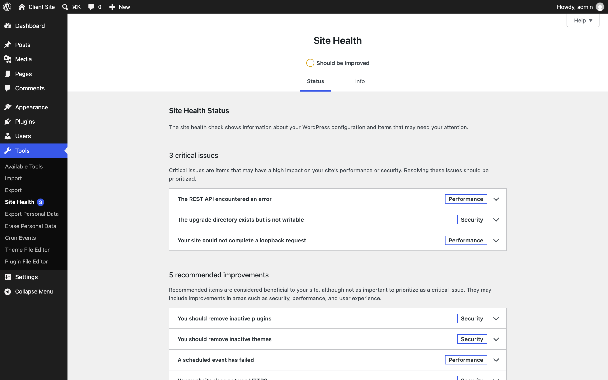 WordPress Site Health screen on the same install, listing three critical issues and five recommended improvements, with A scheduled event has failed appearing under recommended improvements below remove inactive themes