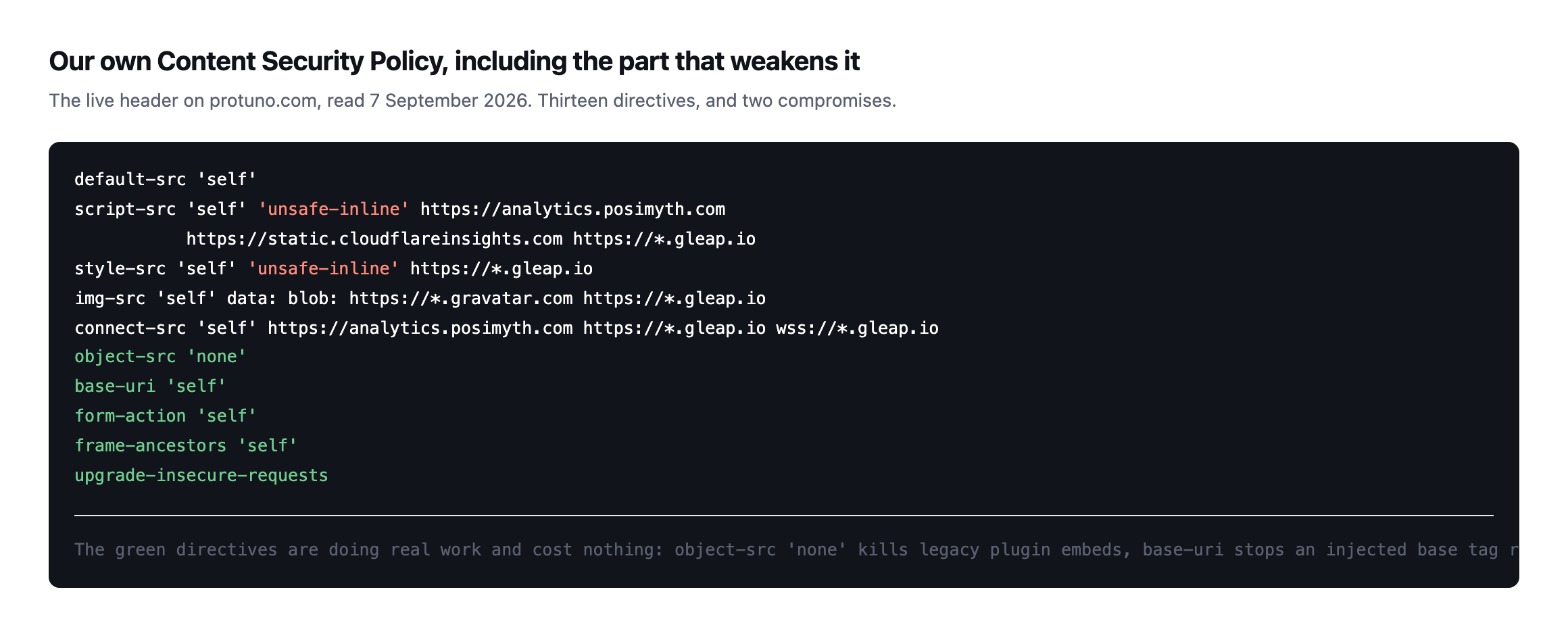 The live Content Security Policy header from protuno.com, showing thirteen directives with unsafe-inline highlighted in script-src and style-src, and object-src none, base-uri self, form-action self, frame-ancestors self and upgrade-insecure-requests highlighted as strong