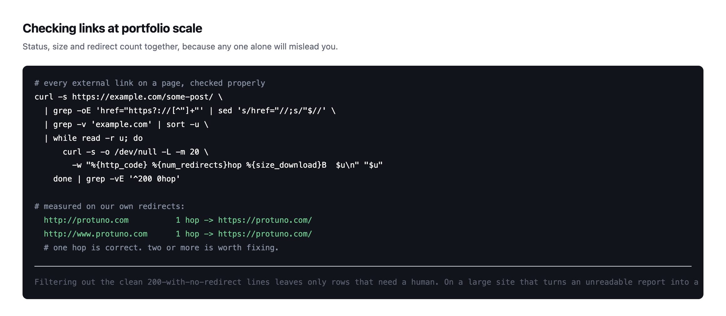 Terminal command checking every external link on a page for status, redirect count and size together, filtering out clean results, with measured output showing our own http to https redirects completing in a single hop