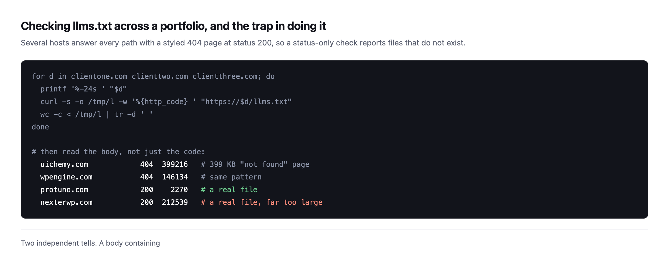 Terminal output showing a portfolio check loop for llms.txt. uichemy.com returns a 404 with a 399,216 byte body and wpengine.com a 404 of 146,134 bytes, while protuno.com returns a genuine 2,270 byte file and nexterwp.com returns 212,539 bytes
