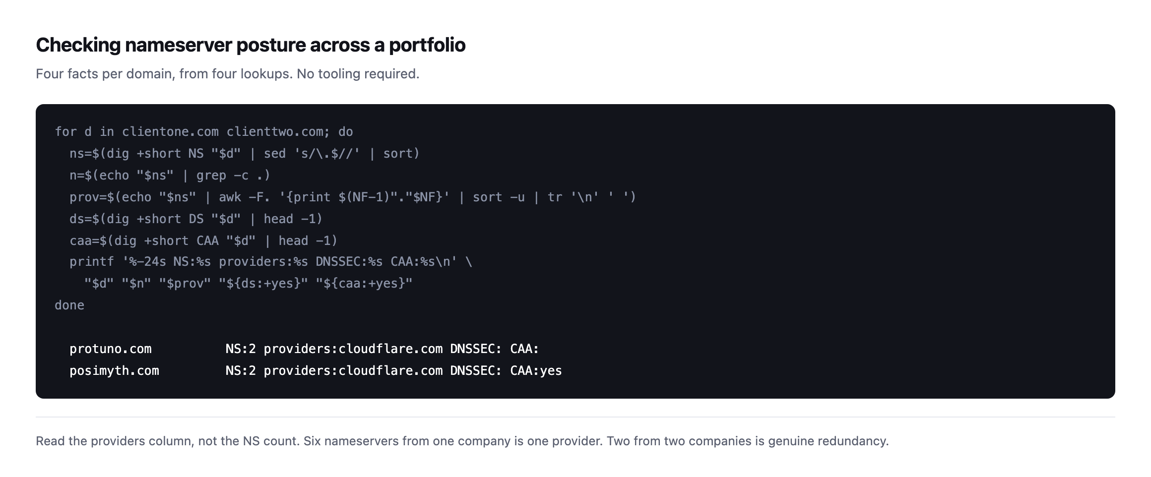 Terminal loop reading NS records, distinct providers, DNSSEC DS records and CAA records for each domain in a list, with real output for protuno.com and posimyth.com