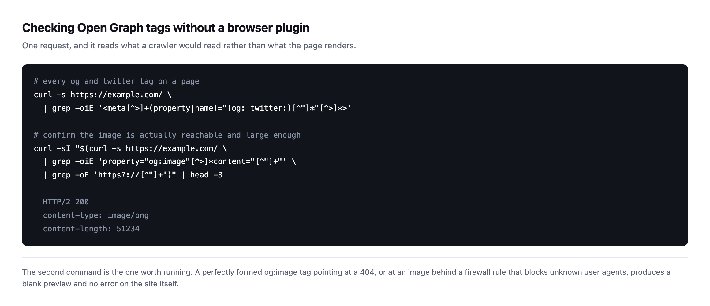 Terminal commands extracting every og and twitter meta tag from a page, then following the og:image URL to confirm it returns 200 with a real content-length