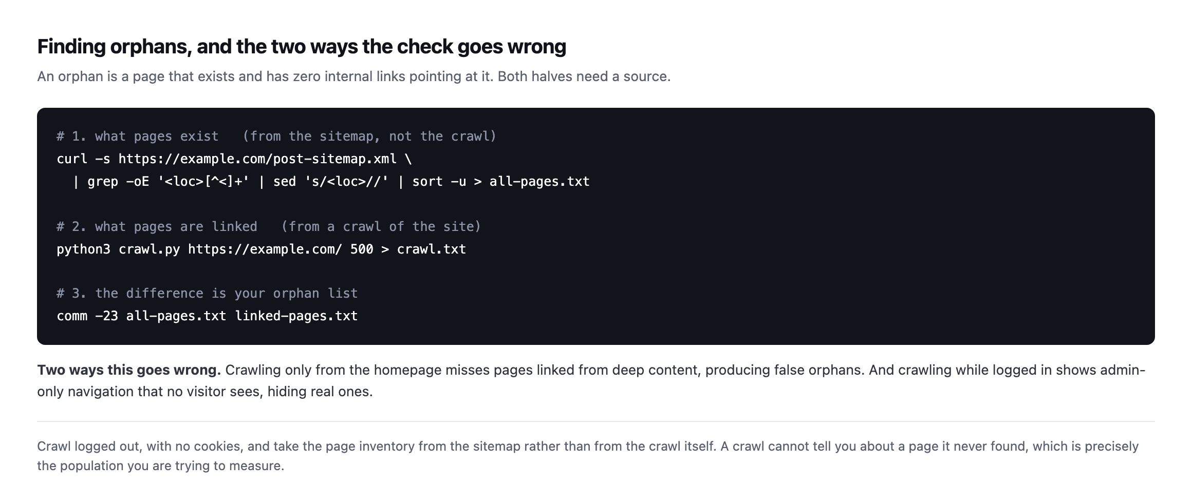 Three-step method: extract the page inventory from the sitemap, crawl the site for linked pages, and diff the two lists, with a warning that crawling only from the homepage produces false orphans and crawling logged in hides real ones