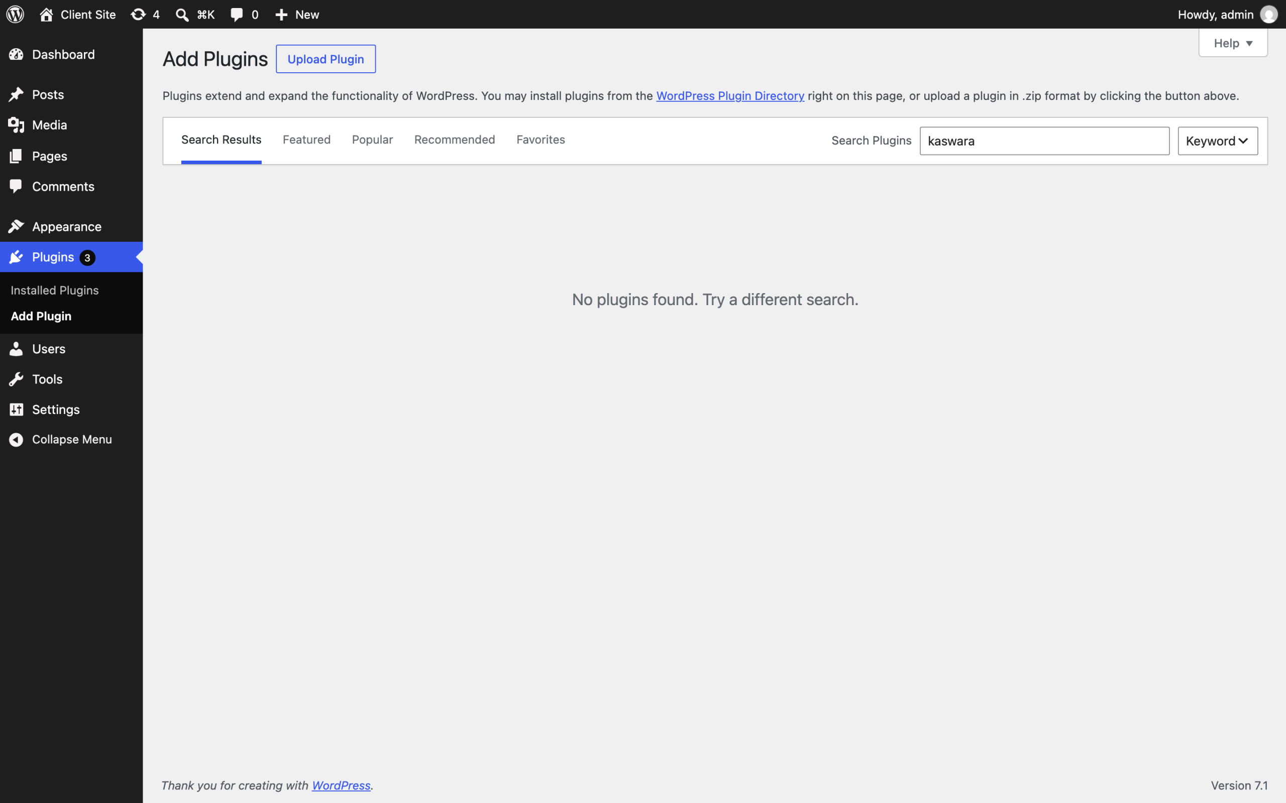 WordPress Add Plugins screen with kaswara typed into the search box, returning the message No plugins found. Try a different search