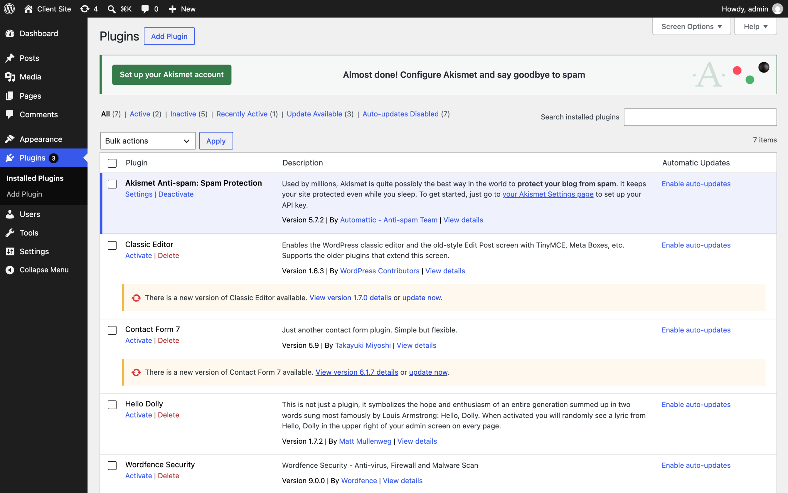 WordPress plugins screen on the staged install showing the installed plugin list with active and inactive plugins and their version numbers