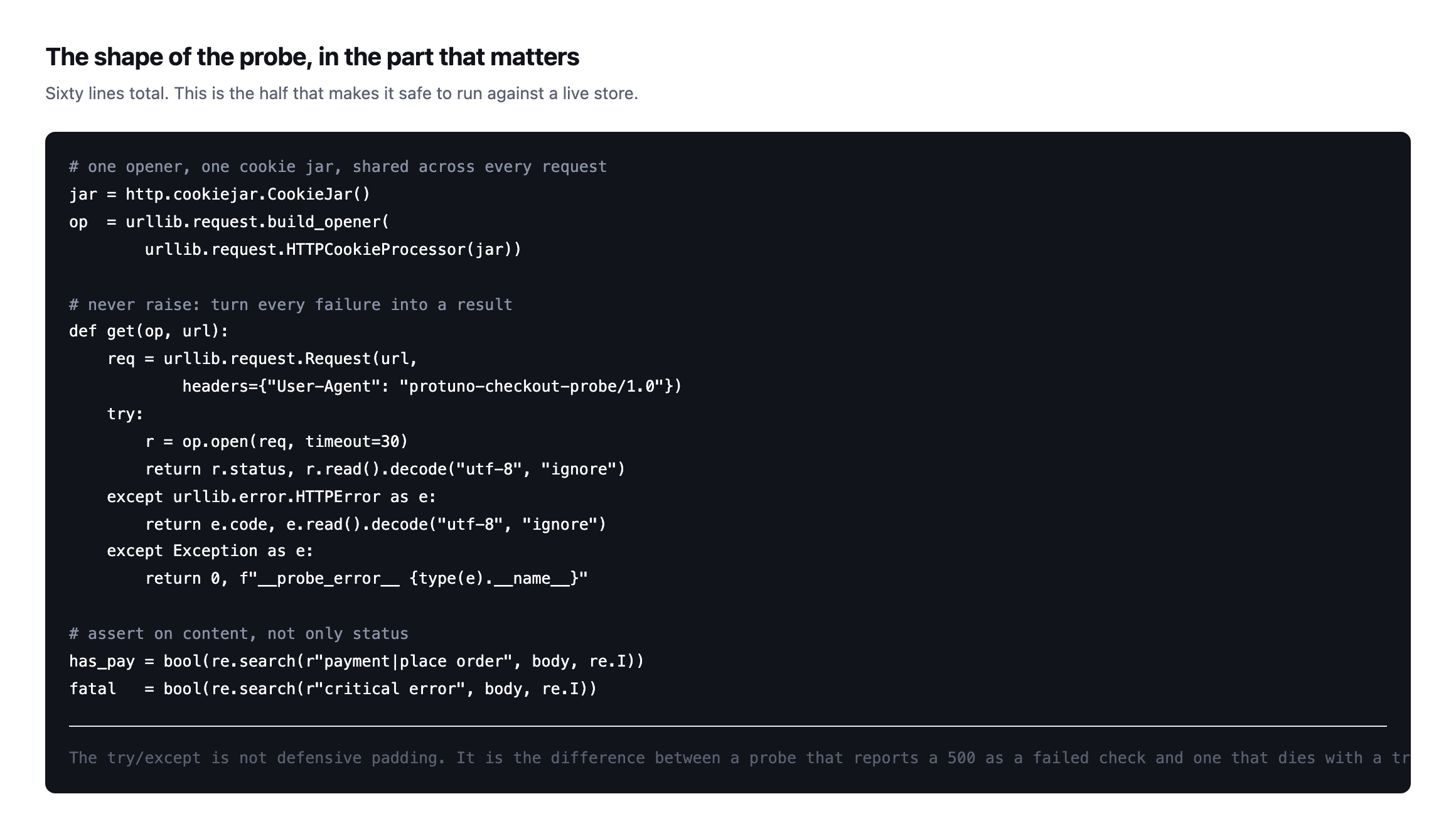 Code showing the probe's shared cookie jar and opener, a get function that catches HTTPError and every other exception and returns a result instead of raising, and content assertions searching for payment methods and critical error text