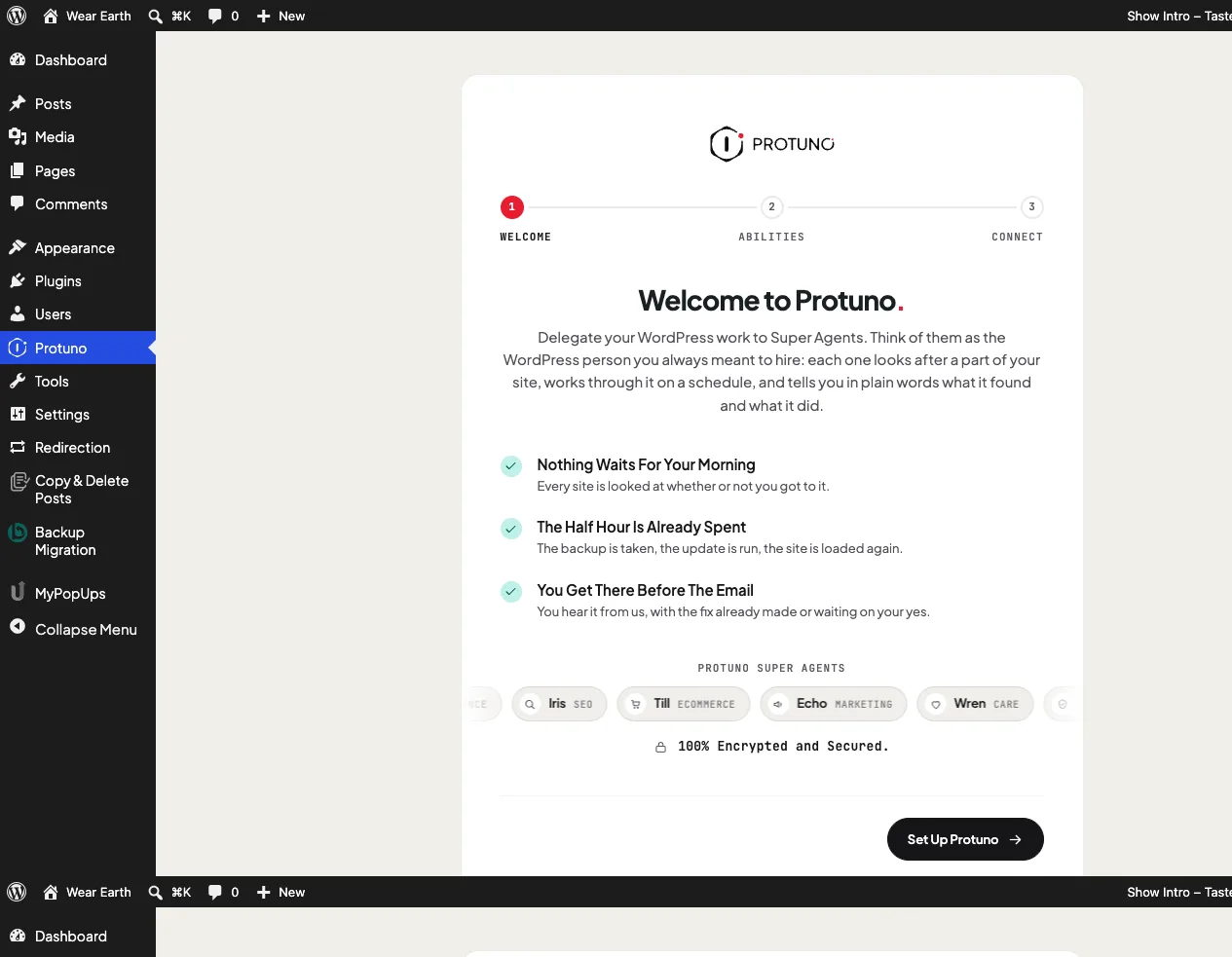 The Protuno setup screen in wp-admin showing the Welcome, Abilities and Connect steps