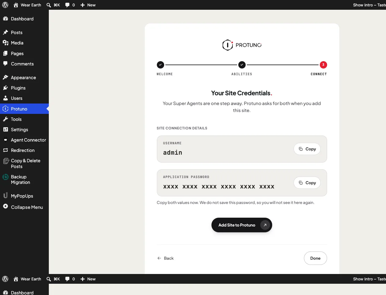 The Protuno screen showing a username and an application password, with the password obscured