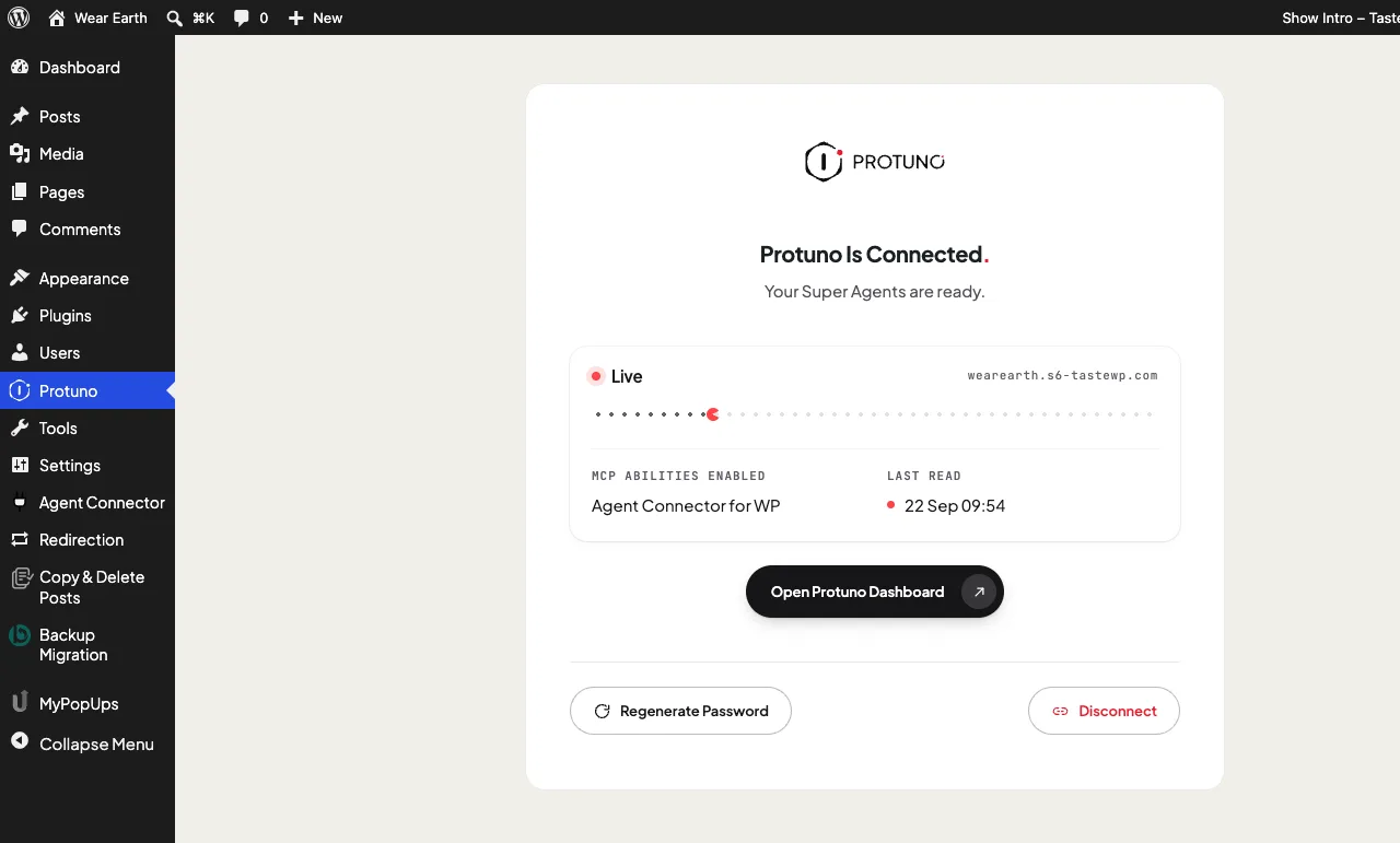The Protuno connection screen reading Live, with the connector name and the time of the last read