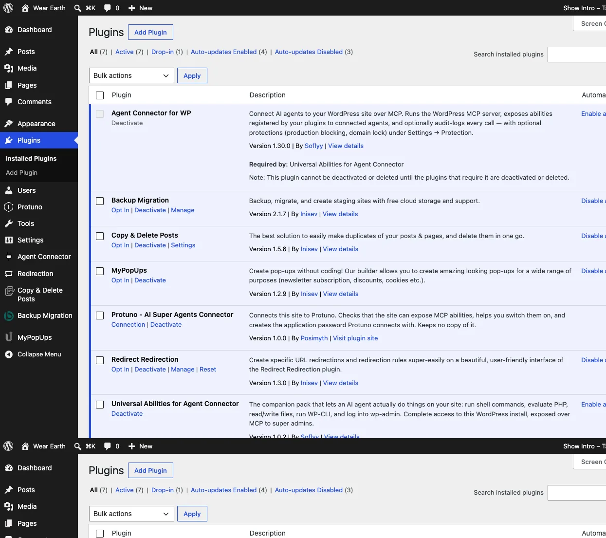 The WordPress plugins list showing Protuno, Agent Connector for WP and Universal Abilities active