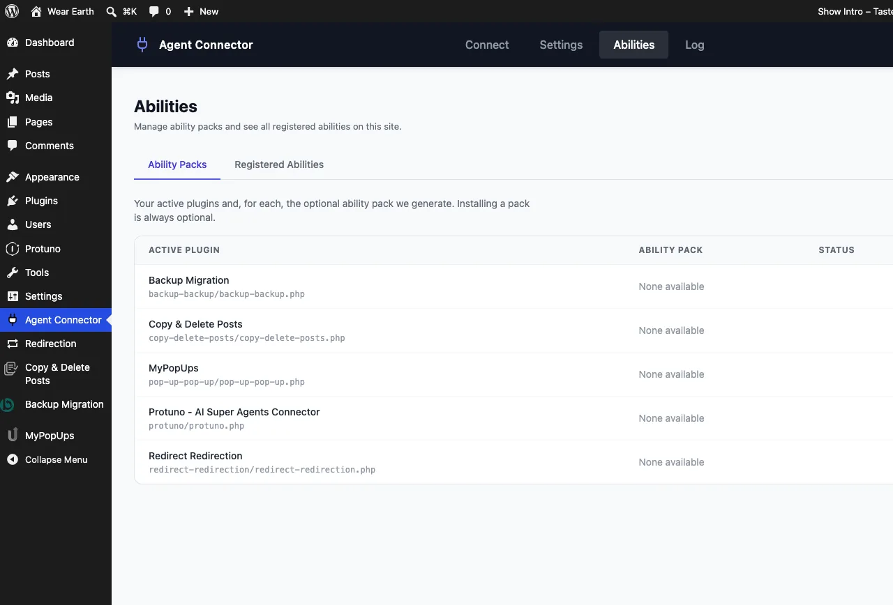 The Agent Connector abilities list showing registered abilities including shell execution and PHP evaluation