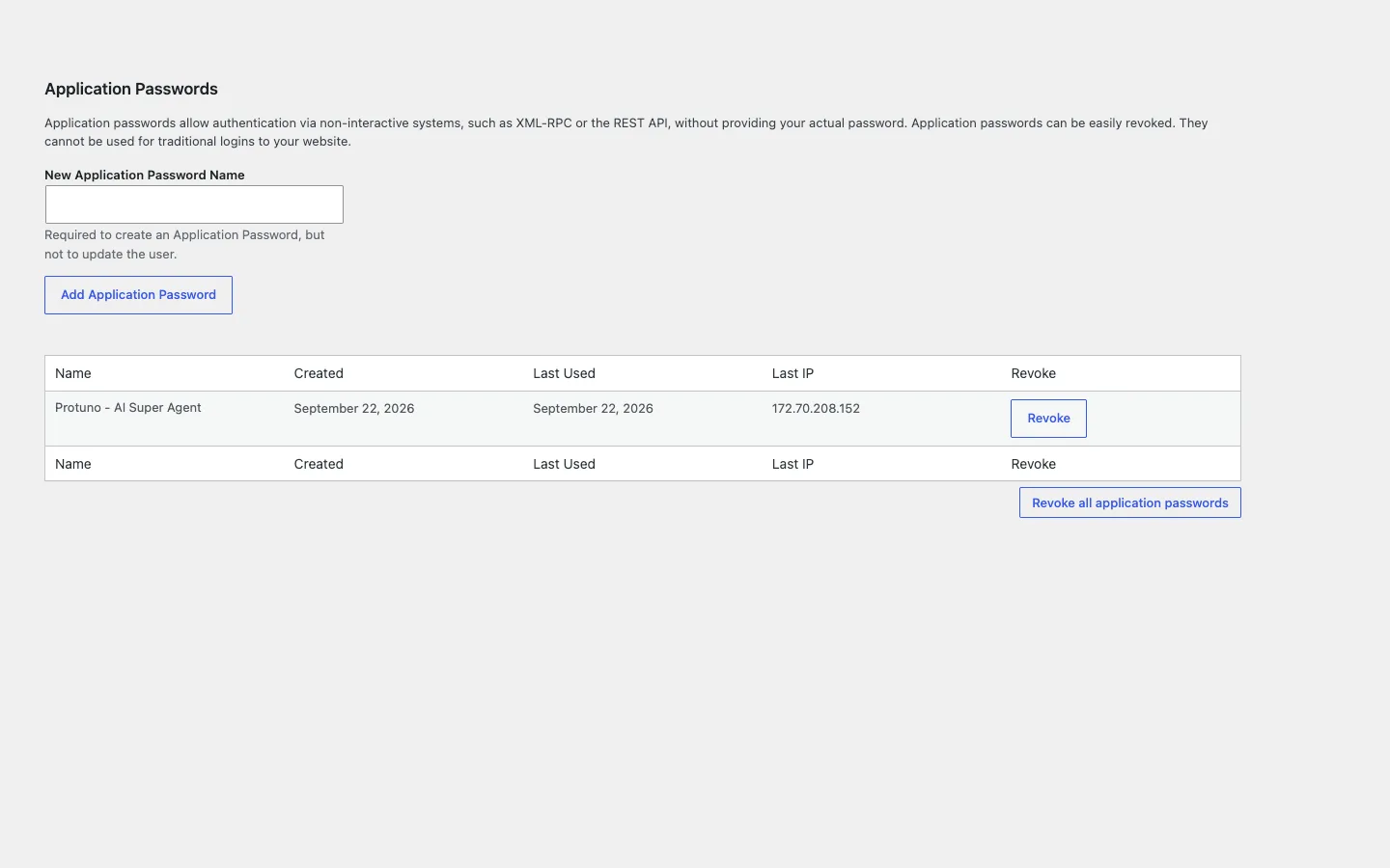 The WordPress profile Application Passwords section showing Protuno - AI Super Agent with a Revoke button