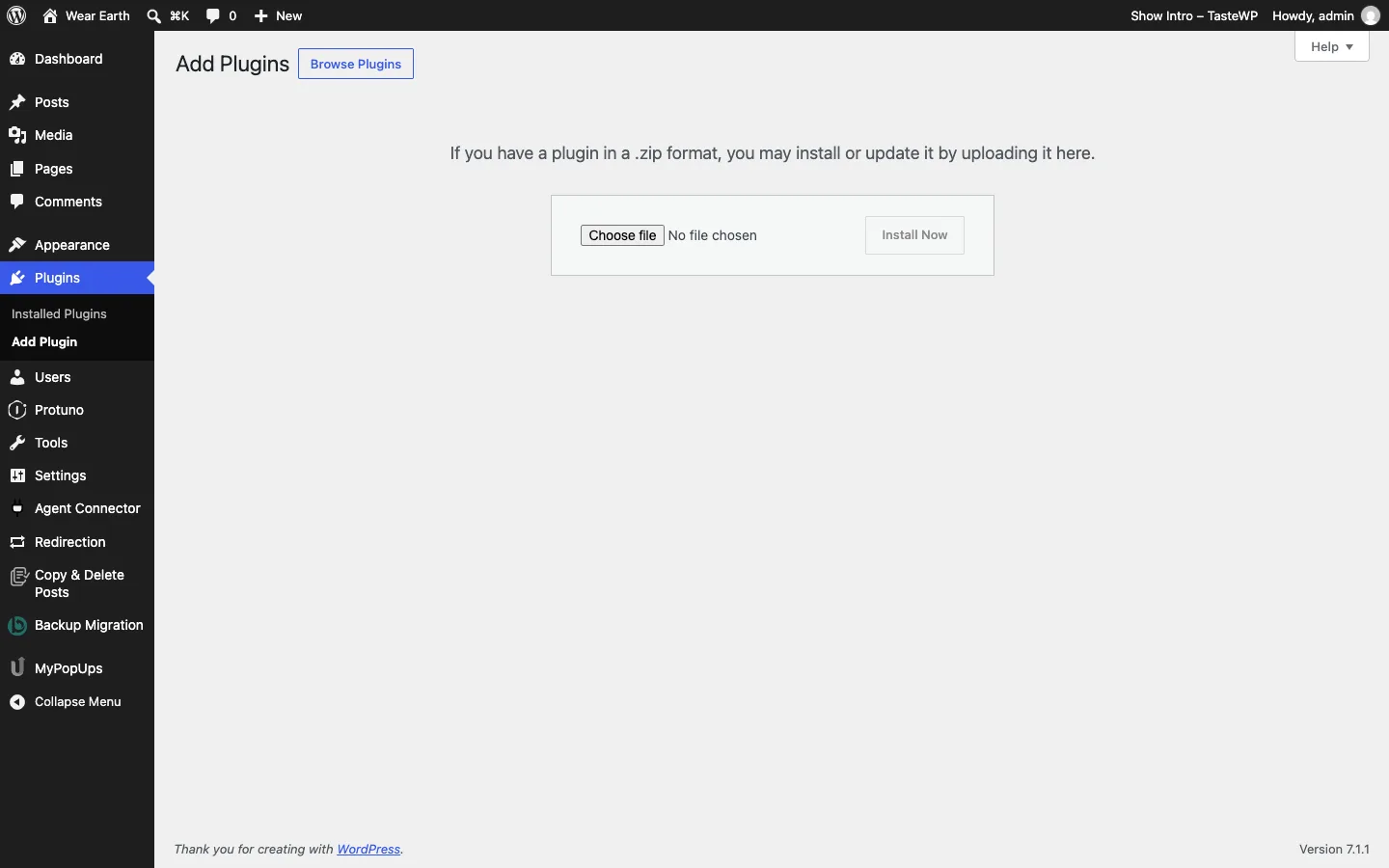 The WordPress Add Plugins screen with the Upload Plugin panel open