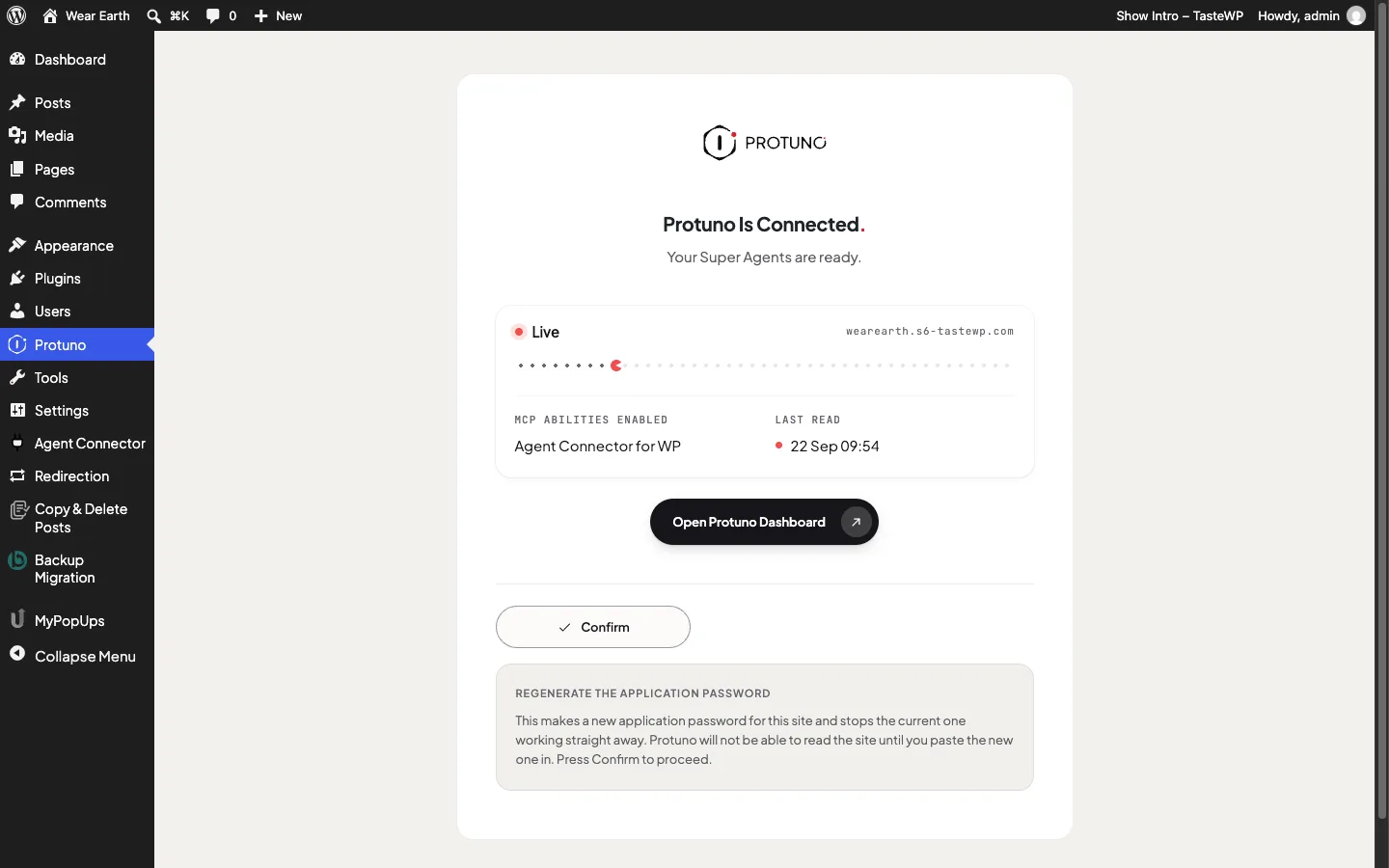 The regenerate confirmation panel explaining the current password stops working straight away