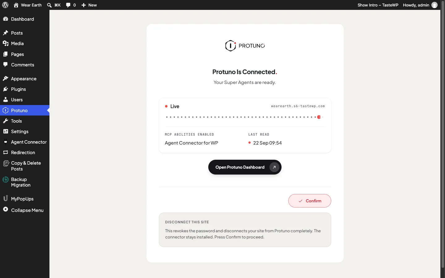The disconnect confirmation panel explaining the password is revoked and the connector stays installed