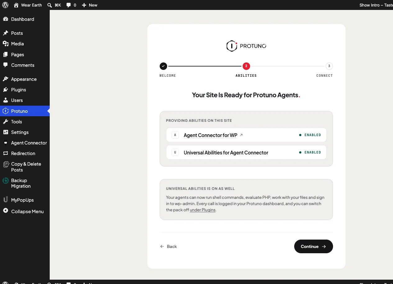 The Abilities step reading Your Site Is Ready for Protuno Agents with both packs marked Enabled