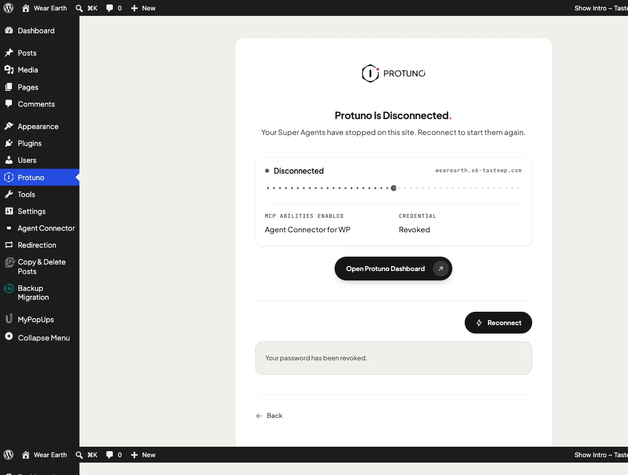 The Protuno connection screen reading Disconnected with Credential Revoked