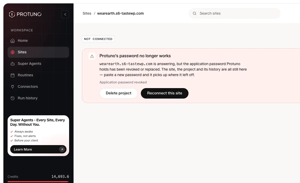 Protuno showing that the application password no longer works, with a Reconnect this site button