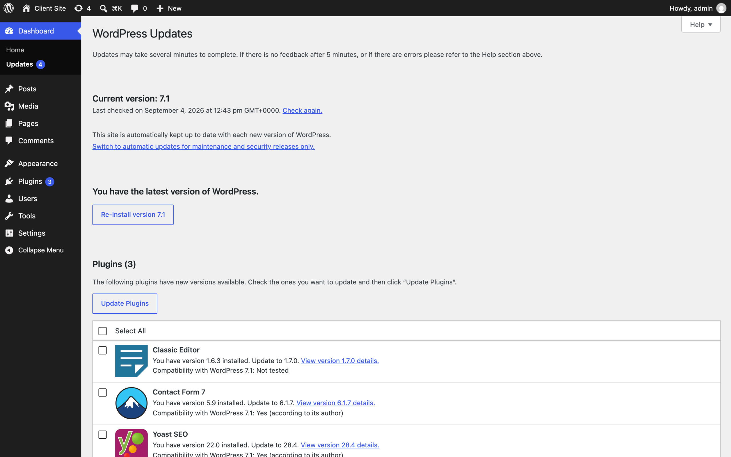 WordPress Updates screen on the staged install showing three plugins with updates available: Classic Editor 1.6.3 to 1.7.0 marked compatibility with WordPress 7.1 not tested, Contact Form 7 5.9 to 6.1.7, and Yoast SEO 22.0 to 28.4