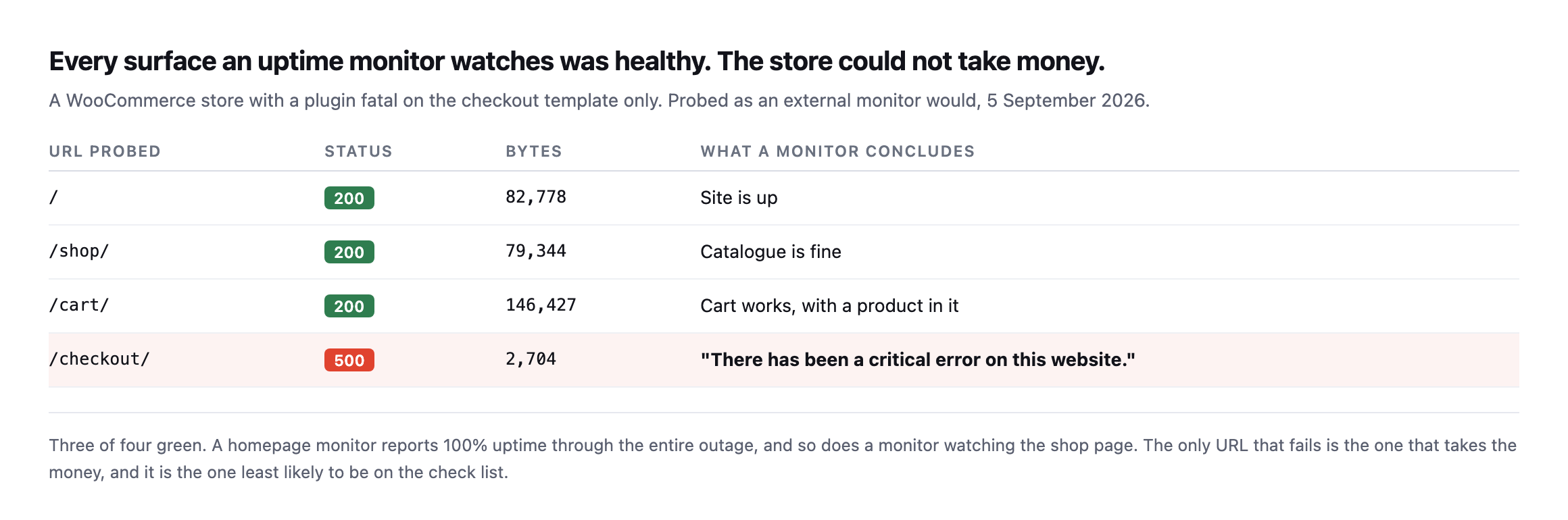 Table of four probed URLs on a WooCommerce store. The homepage returns 200 with 82,778 bytes, the shop page 200 with 79,344 bytes, the cart 200 with 146,427 bytes, and the checkout returns 500 with 2,704 bytes and a critical error message