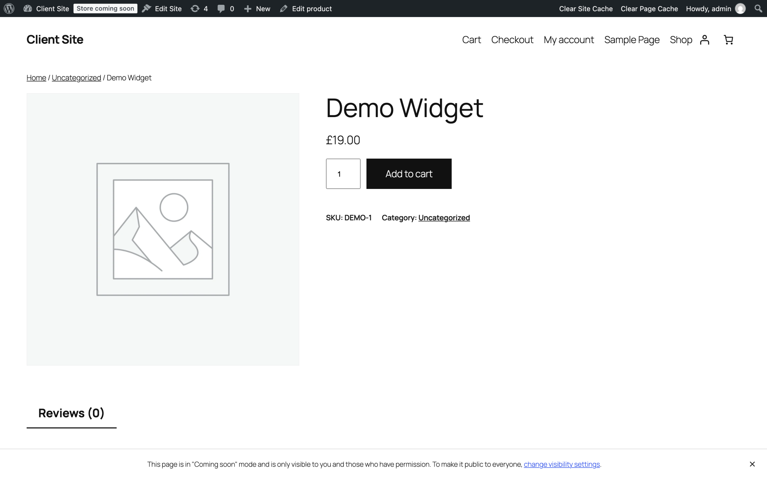 WooCommerce product page for a demo product priced at nineteen pounds, with an add to cart button, rendered on the test store