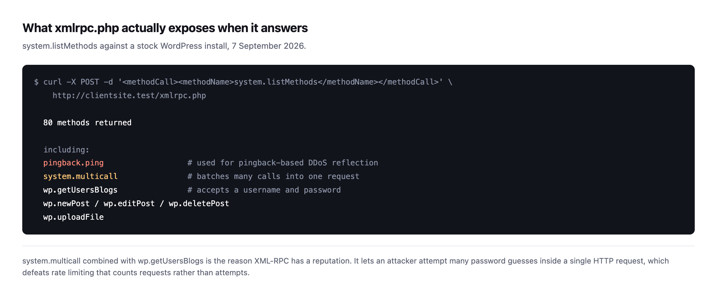 Terminal output of a system.listMethods call against a stock WordPress install returning 80 methods, including pingback.ping, system.multicall, wp.getUsersBlogs, wp.newPost, wp.editPost, wp.deletePost and wp.uploadFile