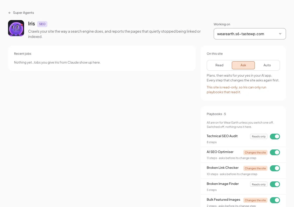 Iris's page in Protuno with its trust level and playbooks