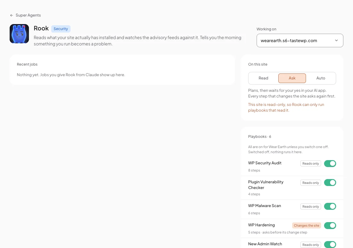 Rook's page in Protuno with its trust level and playbooks