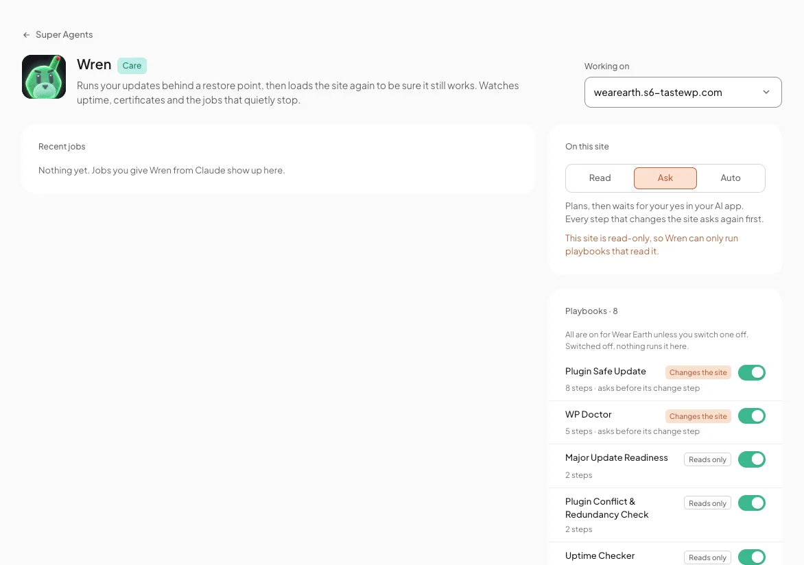 Wren's page in Protuno with its trust level and playbooks