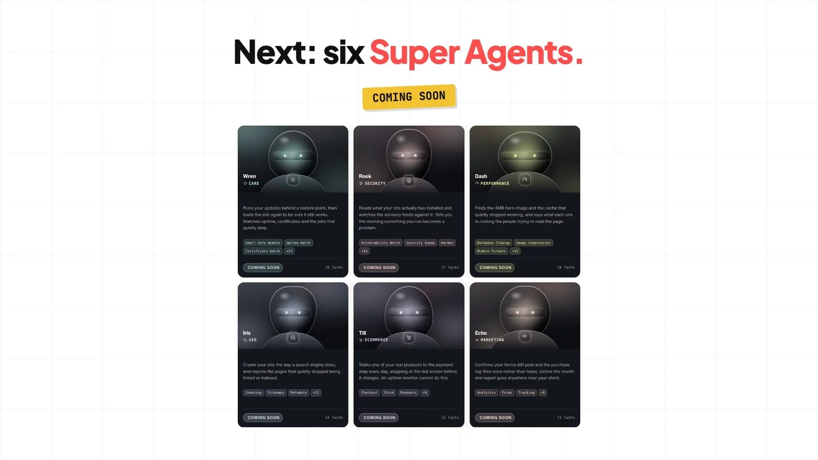 Six Super Agent cards, Wren, Rook, Dash, Iris, Till and Echo, each marked Coming Soon.