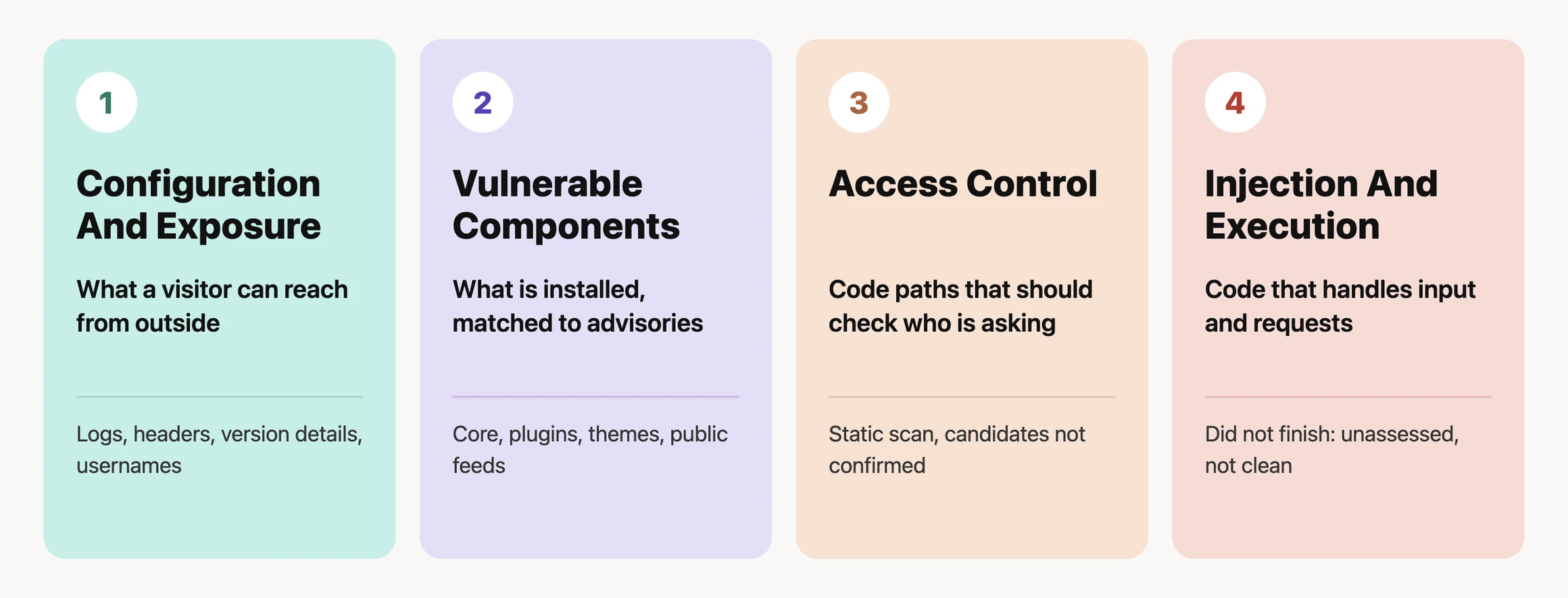Four labelled columns showing configuration and exposure, vulnerable components, access control, and injection and execution, with the type of evidence each pass reads.