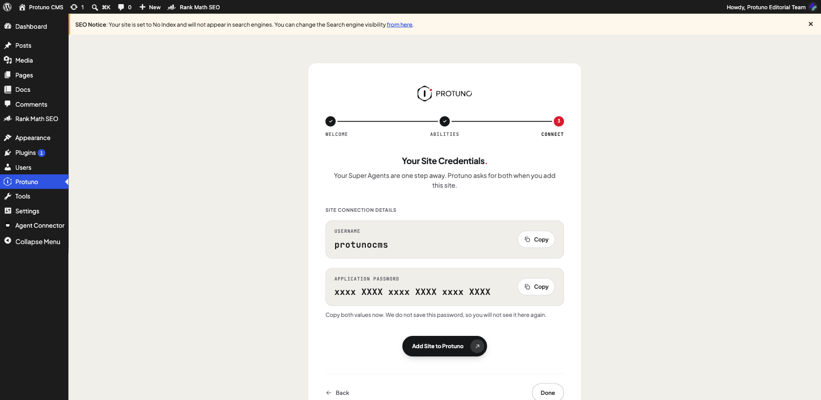 The Protuno connector showing a username and an application password, with copy buttons
